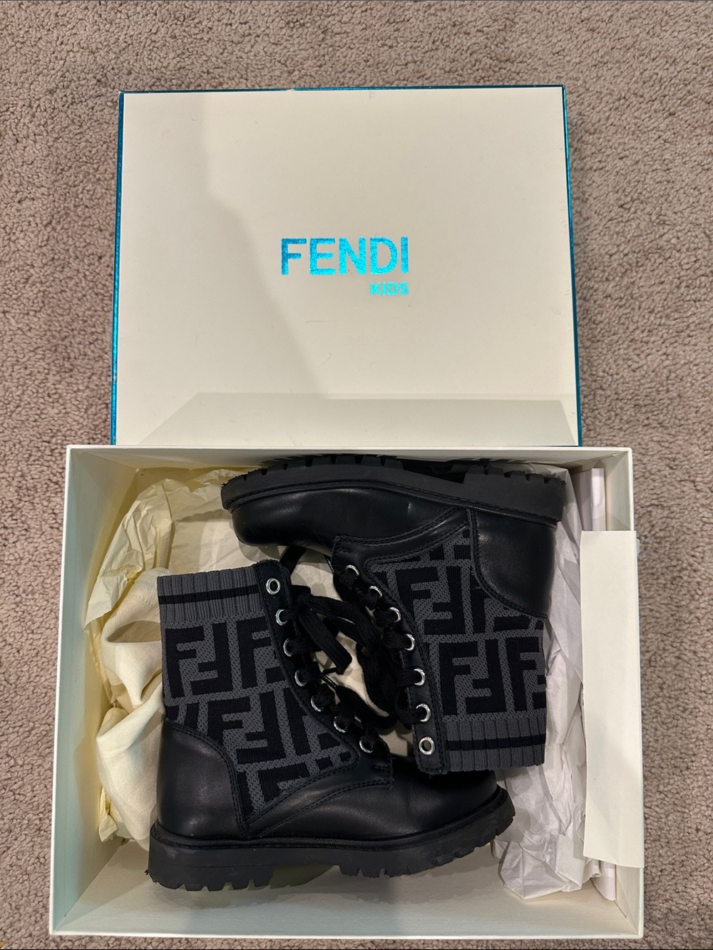 Fendi Black Knit FF-Logo Lace-Up Boots